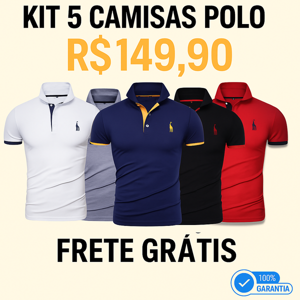 Kit 5 Camisas Polos Masculinas Animals - Branco, Azul, Cinza, Vermelho e Preto